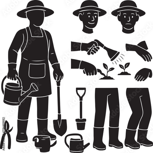 Gardener character and essential tools vector illustration set. silhouette icons of gardening equipment, person with watering can, shovel, plants, and various hands for diverse agricultural tasks.