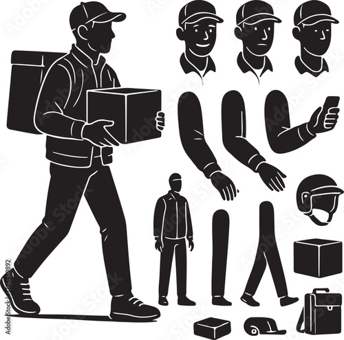 Delivery character builder vector kit: walking courier with a package and thermal bag, modular elements: diverse head expressions, arms, legs, helmet, phone.