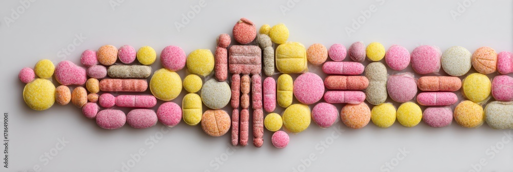 Obraz premium Human Silhouette Created With Colorful Pills Representing Health and Wellness Solutions in a Minimalist Setting
