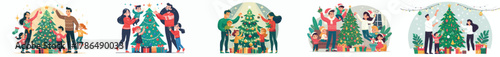 vector family decorating christmas tree together