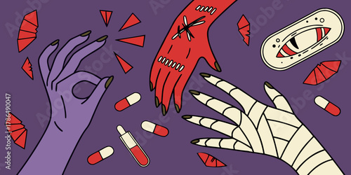 dark and mysterious collection of gothic and medical elements isolated on white background.