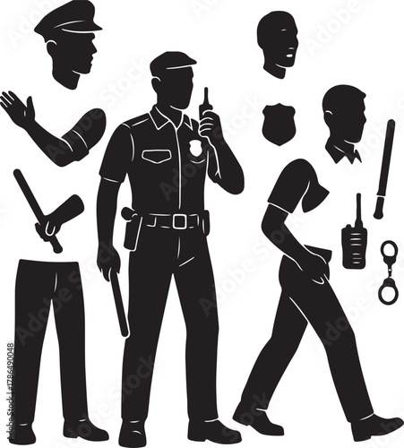Police officers and law enforcement equipment vector silhouette set, showing various poses, uniform parts, and tools like radio, baton, badge, and handcuffs for public safety designs.