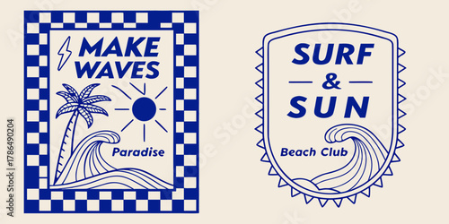 two surf-themed logos with a retro, linear illustration  design