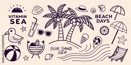 a doodle-style illustration of various beach and summer themed elements illustration design.