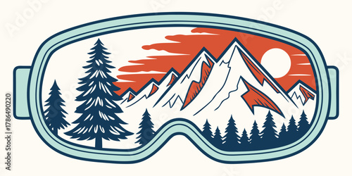 ski goggles reflecting a mountain landscape with pine trees and a sunset isolated on white background.