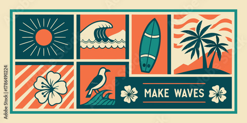 a vintage-style collage of summer and surf themed illustrations design.
