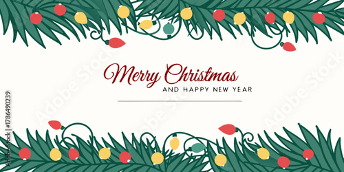 merry christmas and happy new year banner with pine branches and festive lights illustration design.