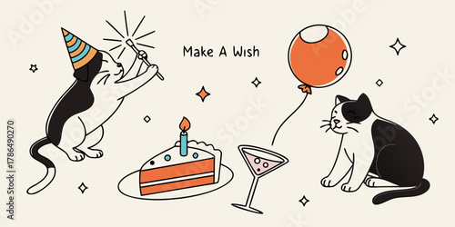 cute cartoon cats celebrating a birthday with cake, balloon, and party hat illustration design.