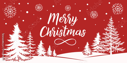merry christmas red winter scene white pine trees snowflakes holiday greeting card design festive background illustration design.