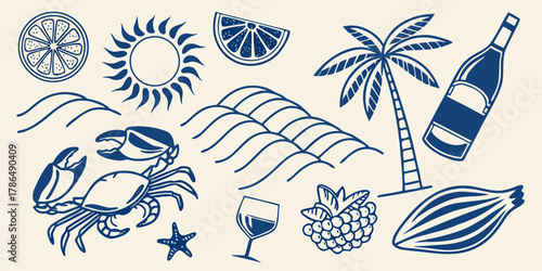 nautical tropical illustration set hand drawn maritime coastal icons navy blue vintage beach summer vacation seafood restaurant design elements