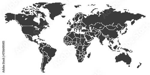 detailed world map black silhouette with country borders continents global geography political boundaries atlas reference illustration design