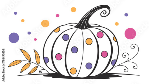 whimsical decorative pumpkin illustration autumn harvest fall festival line art botanical swirls colorful polka dots design