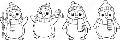 Adorable winter penguins wearing hats and scarves ready for coloring fun for kids, perfect for holiday activities and creative projects