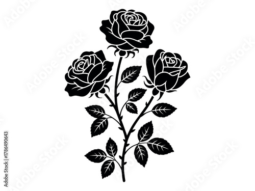 Three stylized black roses with stems and leaves are depicted on a white background.