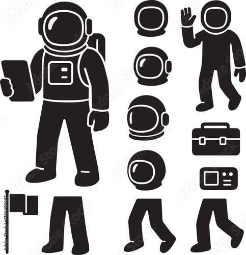 Astronaut and space exploration vector icon set displaying a spaceman with a tablet, waving astronaut, various helmets, suit elements, flag, and gear for science and future concepts.