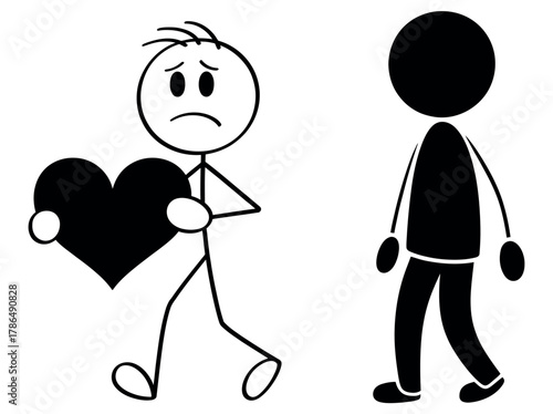 A sad stick figure walks away carrying a broken heart while another figure walks away.