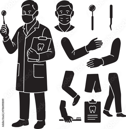 Dentist character creator kit with male doctor in mask, lab coat, holding dental mirror, clipboard, and various body parts, tools for oral hygiene, health illustration