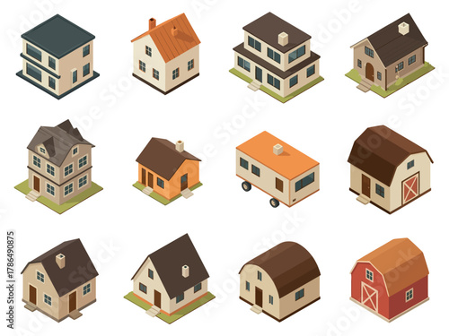 A collection of twelve isometric illustrations of various residential and agricultural buildings.