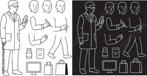 Line art customizable doctor scientist character. male in lab coat holds bottle, writes, walks. interchangeable heads (expressions), arm poses. ideal for medical, healthcare, pharmacy design.