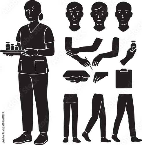 Customizable medical professional character set vector illustration with various body parts, expressions, and medical equipment for healthcare and pharmaceutical themes