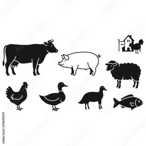 Farm Animals Silhouettes - Cow, Pig, Sheep, Chicken, Duck, Fish.