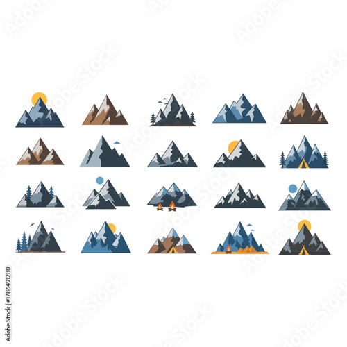 Collection of Mountain Illustrations with Varied Weather and Scenery.