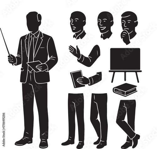 Silhouette of a teacher or professor holding a pointer and tablet with various body parts and educational objects for design