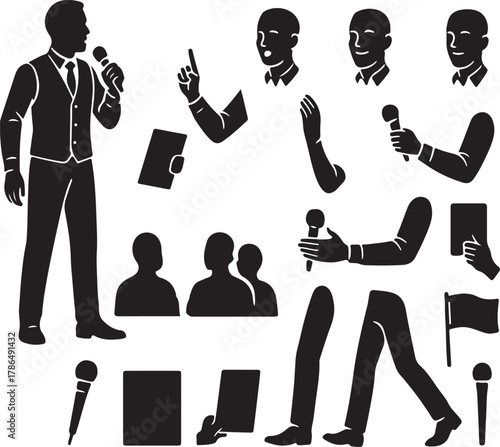 Collection of silhouette icons representing public speaking and presentation elements with a speaker microphones audience and gestures for visual communication