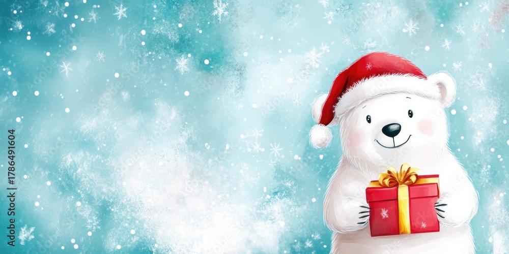 Naklejka premium Festive polar bear in santa hat holding christmas gift in winter wonderland