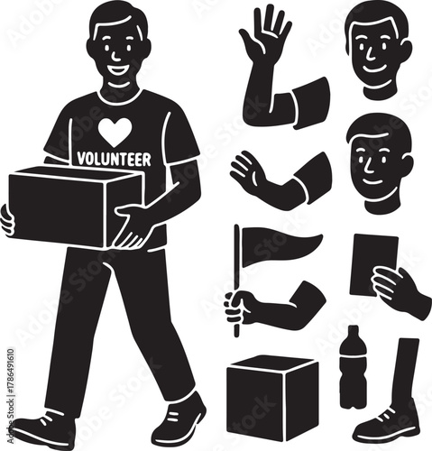 Diverse set of black and white silhouette illustrations depicting a smiling volunteer holding a donation box and various elements for community support and charitable activities