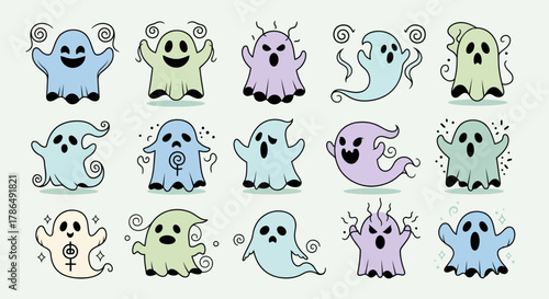 Collection of Adorable and Spooky Cartoon Ghost Illustrations for Halloween.