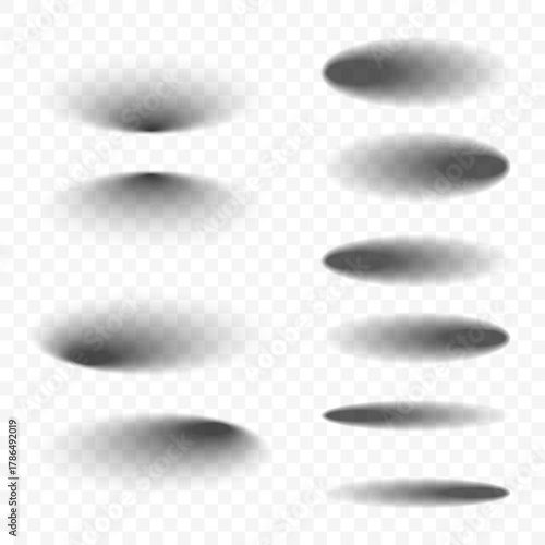 Collection of realistic soft blur vector shadows in elliptical style on transparent background, perfect for mockups, UI layouts, product presentations, web design, and modern creative compositions