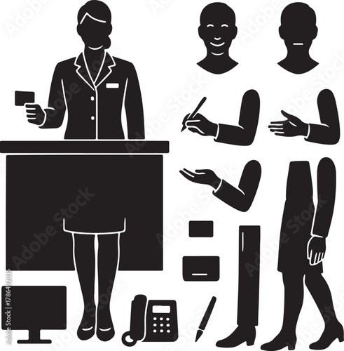 Silhouette of a professional woman at a reception desk with separate body parts and office accessories for customization and design