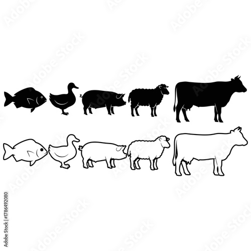 Silhouettes of Farm Animals - Fish, Duck, Pig, Sheep, and Cow.