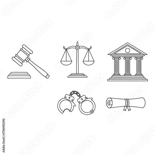 Legal System Icons - Gavel, Scales, Courthouse, Handcuffs, and Diploma.