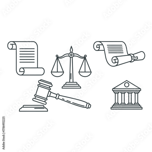 Legal System Elements - Gavel, Scales, Documents, and Courthouse Illustration.