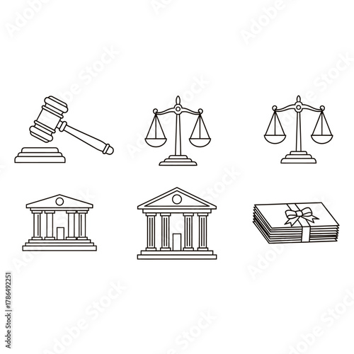 Legal Icons - Gavel, Scales of Justice, Courthouse, and Settlement.