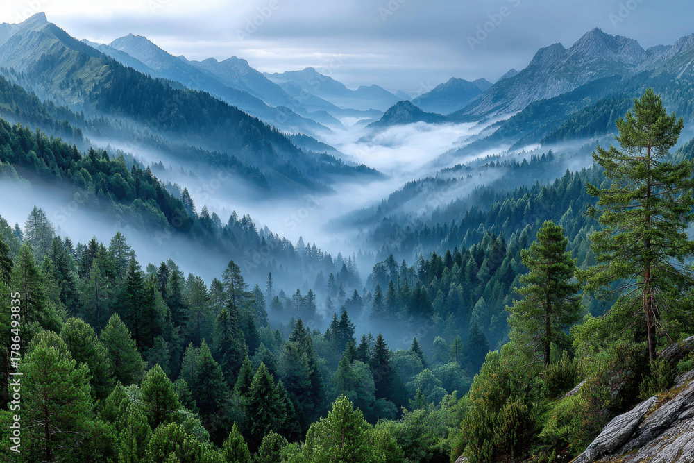 Fototapeta premium Misty Mountain Valley with Lush Green Pine Forest