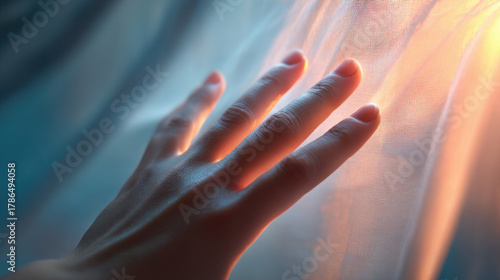 Hand touching sheer curtain...