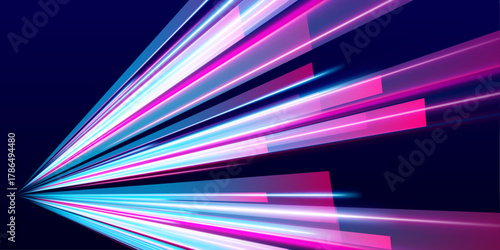 Neon lights rush through a dark tunnel, forming waves of electric blue and pink. The glowing lines pulse with energy and motion. A futuristic world unfolds in speed.