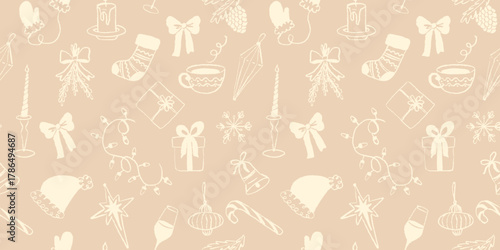 Beige Christmas seamless pattern with festive elements. Background with candles, bows, gifts, and ornaments