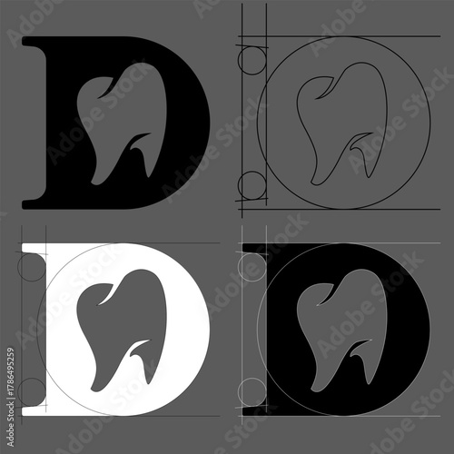 Black and white minimalist logo featuring the letter D combined with a tooth shape for dental branding.