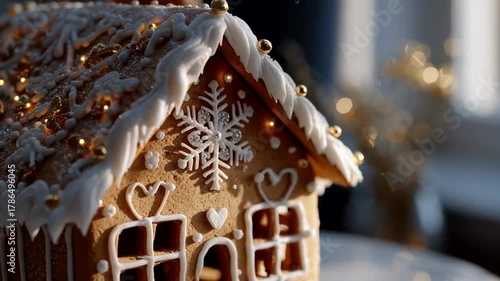 Cozy gingerbread house with icing details, festive holiday atmosphere, warm and inviting Christmas decoration