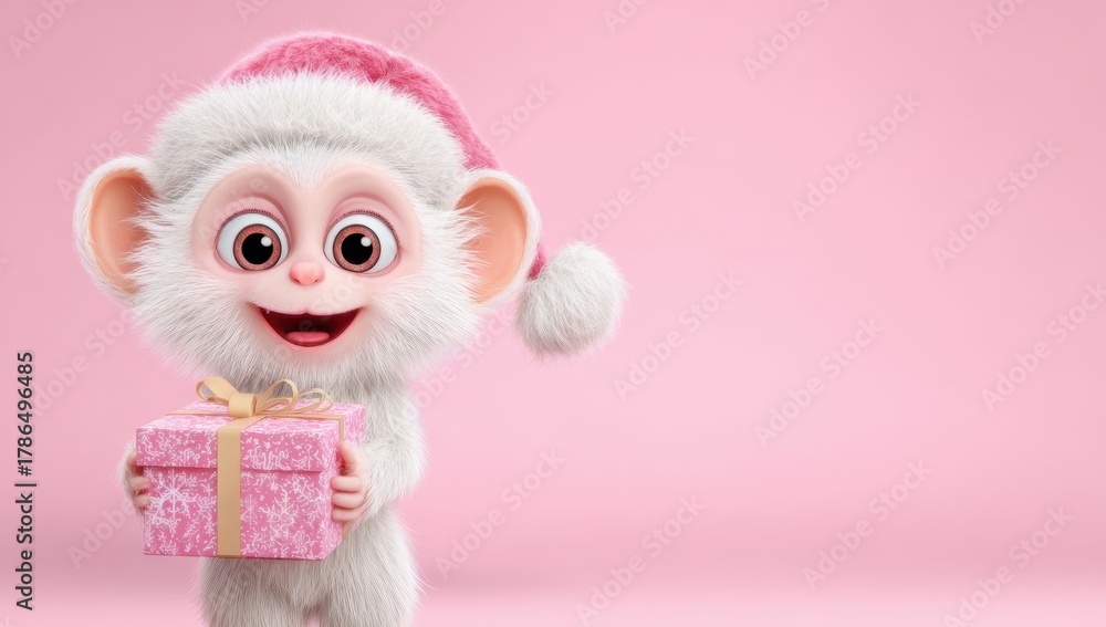 Obraz premium Adorable happy 3d cartoon monkey delivering a wrapped christmas present tied with ribbon for the winter holiday season, funny xmas gift scene