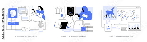 AI in News, Finance, and Science abstract concept vector illustrations.