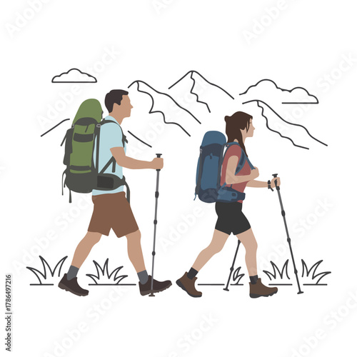 Couple hiking in the mountains with backpacks