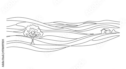 Continuous one line art of a scenic landscape with a tree and barn, single continuous line drawing