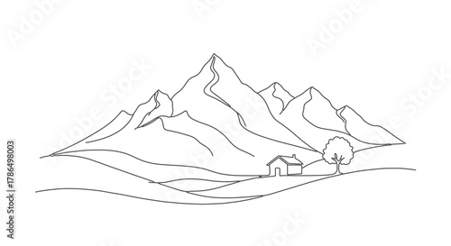 A majestic mountain landscape captured in elegant one line continuous art, a single house and tree creating a serene scene, minimalist style