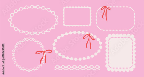 Set of pink ribbon frames in vintage style. Trendy coquette decoration elements, lace and bead with bows for romantic designs, greeting cards, wedding invitations, valentine postcards. Vector