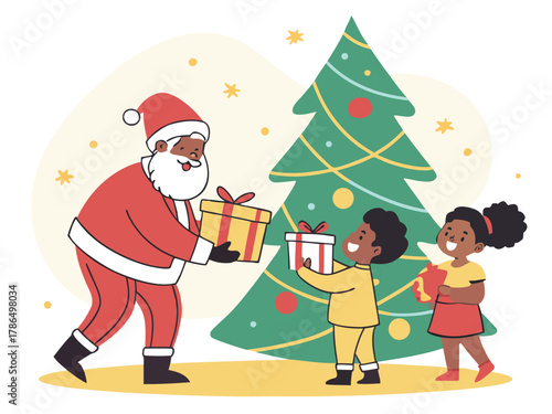 Heartwarming scene of Santa giving gifts to happy children near Christmas tree, joyful festive illustration perfect for cards and holiday storytelling designs
